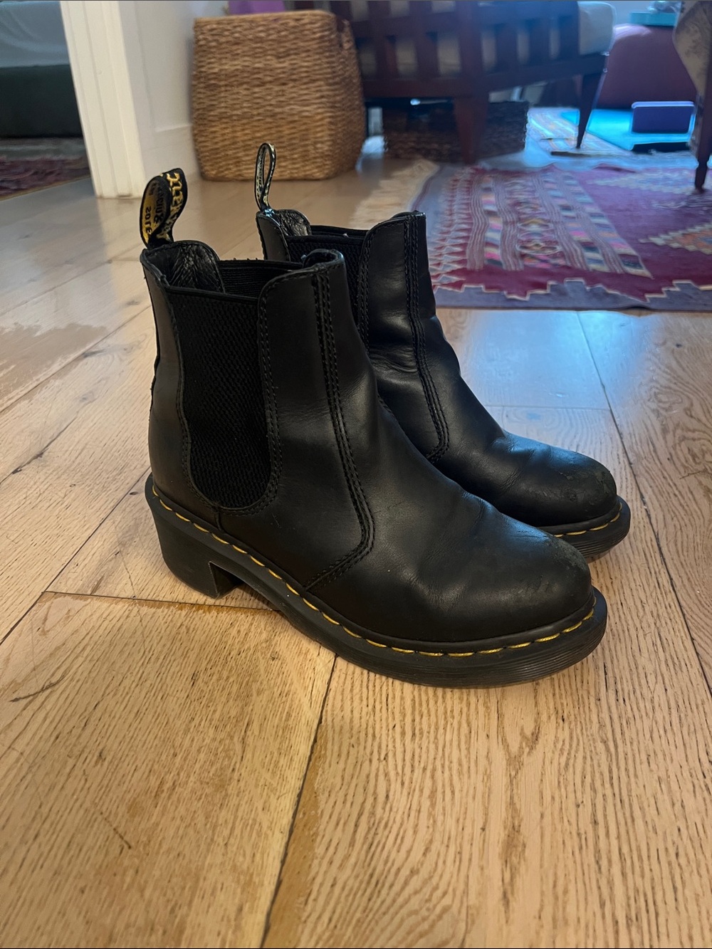 Dr. Martens Black Leather Chelsea Heeled Boots with Yellow Stitching